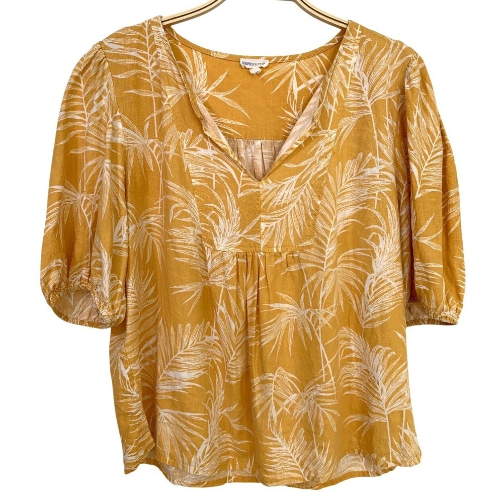 Sigrid Olsen Yellow Gold Linen Leaf Print V Neck Pop Over Tunic / Size M